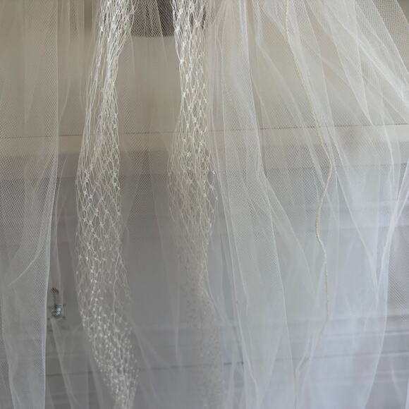 Vintage Faux Pearl Beaded Bridal Wedding Veil Juliet Cap Lace Tulle Bow Romantic